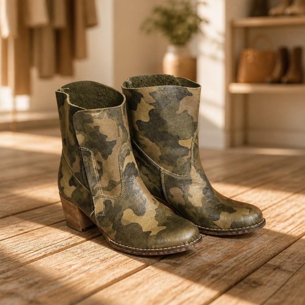 Fatte A Mano Italia Women's Leather Camo Ankle Booties Round Toe 7.5 R